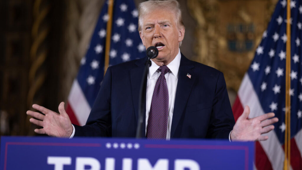 Donald Trump speaking during a press conference in Palm Beach, Florida